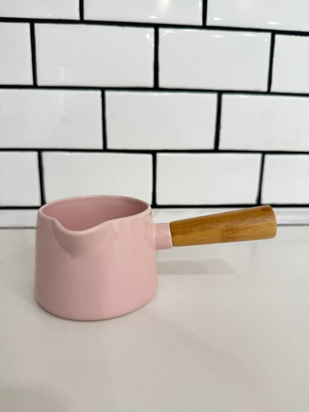 Chantal Pink Ceramic Pouring Pot 1 Cup Wooden Handle